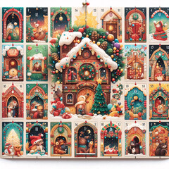 Wall Mural - A whimsical Christmas advent calendar with numbered doors, each revealing a charming scene with animals and festive elements