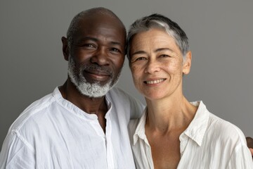 Wall Mural - Portrait of a cheerful multiethnic couple in their 60s wearing a simple cotton shirt while standing against minimalist or empty room background