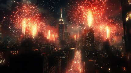 Wall Mural - massive fireworks display over a bustling city center