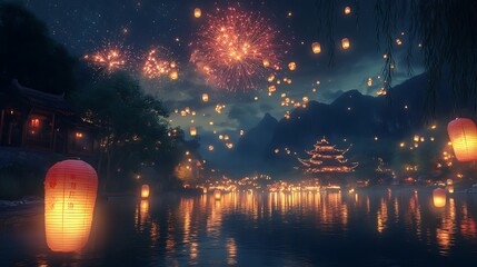 Wall Mural - fireworks and lanterns floating in a tranquil night scene