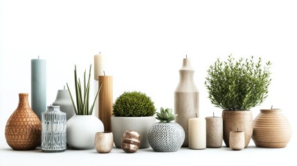Poster - A stylish selection of vases, candles, figurines, and small plants beautifully arranged against a bright white background for a modern aesthetic. Generative AI