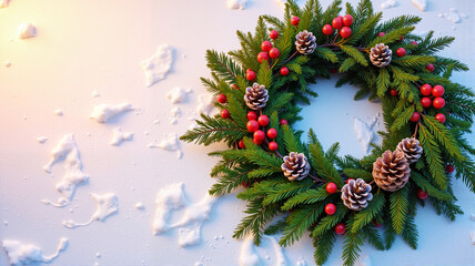 Wall Mural - Christmas wreath on snow with pinecones and berries