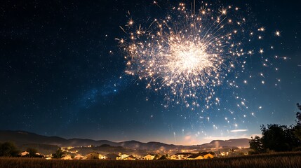 Wall Mural - starburst fireworks in a clear night sky over a small village