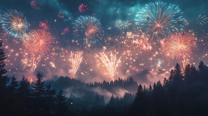Wall Mural - multicolored fireworks above a dense forest landscape
