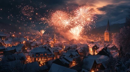 Wall Mural - exploding fireworks over a quiet village during new year