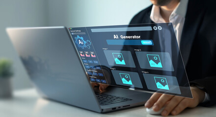 person using ai software to generate images with futuristic platform user interface. image ai genera