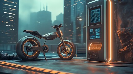 Wall Mural - futuristic electric motorcycle near city charging station