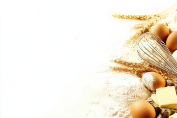 Poster - Baking supplies such as flour, eggs, whisk, and butter are thoughtfully arranged on a clean white surface, with space for text. Generative AI