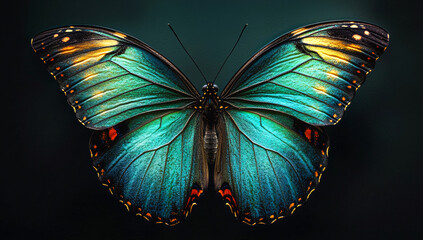 Wall Mural - A butterfly with blue wings and orange spots. The butterfly is sitting on a black background. The butterfly is the main focus of the image