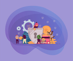 Wall Mural - bank employees protecting money. shield protecting cash, safe business flat vector illustration. mon
