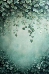 Wall Mural - Delicate ivy vines hang gracefully from the top, contrasting beautifully with a soft misty backdrop of muted greens and blues, creating a tranquil atmosphere