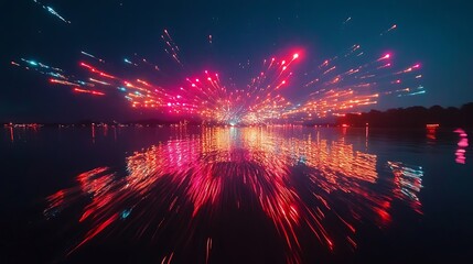 Wall Mural - fireworks painting bright trails in a night sky over water