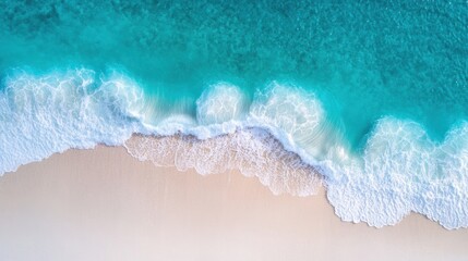 Wall Mural - Aerial view of turquoise waves gently lapping a pristine sandy beach, AI