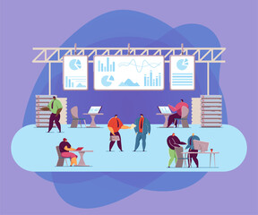 Wall Mural - corporate people working on computers in control center. engineers monitoring operations flat vector