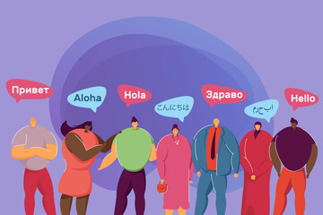 Wall Mural - group of people with different cultures and languages. multilingual greetings in speech bubbles flat