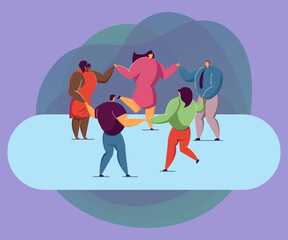 Wall Mural - group of people in round dance. flat vector illustration. multinational friends holding hands and da