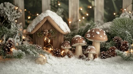 Wall Mural - A cozy winter scene featuring a small wooden house, mushrooms, pinecones, and fairy lights.