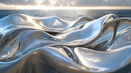 Canvas Print - A reflective, metallic surface resembling waves under a cloudy sky over the ocean.