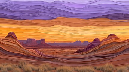 Wall Mural - A vibrant desert landscape at sunset, showcasing layered rock formations and a colorful sky.