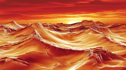 Canvas Print - A surreal landscape depicting waves of orange and red, resembling a fiery sunset over hills.