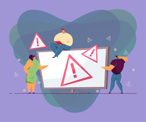 Wall Mural - warning window on computer screen. confused tiny people, mistake alert for website or page flat vect