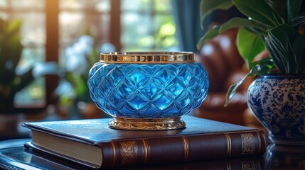 Wall Mural - A blue decorative bowl on a book, set in a cozy, well-lit room with plants.