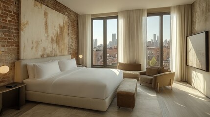 Wall Mural - Modern hotel room with large windows and city view, featuring a bed and seating area.