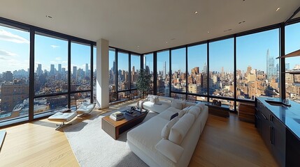 Wall Mural - Modern living room with panoramic city views and sleek furniture.