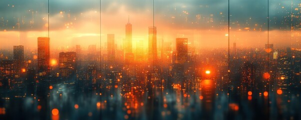 Canvas Print - A vibrant city skyline at sunset, with glowing lights and a dreamy atmosphere.