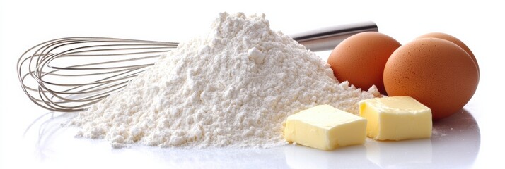 Poster - Flour, eggs, and butter are artfully arranged with a whisk on a white background, creating an inviting setting for baking recipes. Generative AI