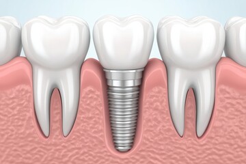 Aufkleber - A close-up showcases a dental implant with a porcelain crown securely positioned amidst natural teeth in a clinical environment. Generative AI