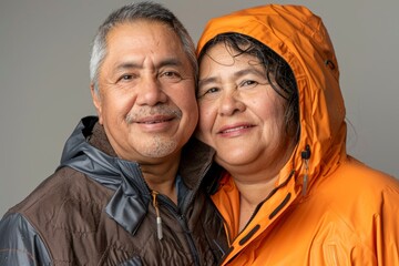 Canvas Print - Portrait of a content latino couple in their 50s sporting a waterproof rain jacket in solid color backdrop