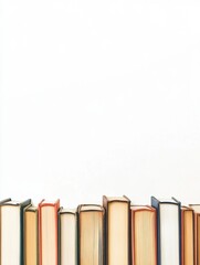 Leinwandbilder - Various books of multiple genres are lined up against a bright white background, showcasing their colorful spines and covers. Generative AI