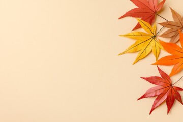 Aufkleber - A clean design of three falling leaves in varying shades of orange, red, and yellow, set against a plain beige background