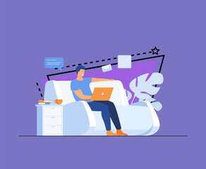 Wall Mural - cartoon man sitting at home with laptop isolated flat vector illustration. young businessman on sofa