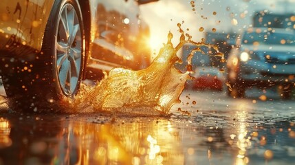 A car splashes water on a rainy street, capturing the beauty of urban life and weather.