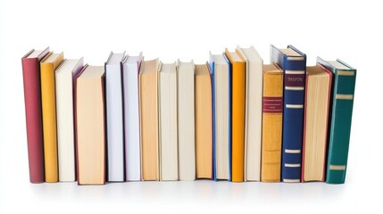 Leinwandbilder - A diverse collection of books in multiple colors and sizes is neatly arranged on a bright white surface, inviting casual exploration. Generative AI