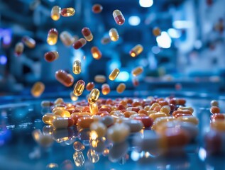 Fototapete - Shiny golden capsules scattered on a surface with blurred background