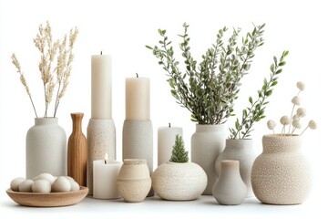 Poster - A collection of carefully curated home decor items includes vases, candles, and small plants, showcased beautifully against a white background. Generative AI
