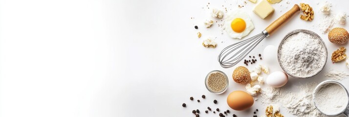 Poster - Baking items like flour, eggs, and butter are neatly arranged with a whisk, providing a clean space for recipe ideas and notes. Generative AI