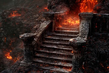 Wall Mural - A staircase with flames licking at the steps, ideal for use in scenes of danger, rescue or apocalyptic scenarios