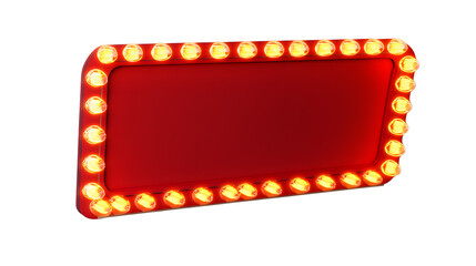 Poster - Red retro billboard lightbox or blank shining signboard with yellow glowing neon light bulbs isolated on white wall background with shadow 3D rendering