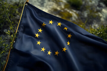 EU European union euro eurozone official flag, waving on wind fabric flag