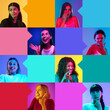 © master1305 - Collage of different people expressing emotions such as surprise, happiness, excitement and joy against multicolored background in neon light. Concept of human emotions. Copy space for ad, text
