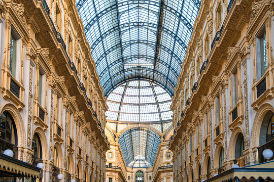 interior of galleria vittorio emanuele ii in milan, italy. oldest italian shopping mall neoclassical
