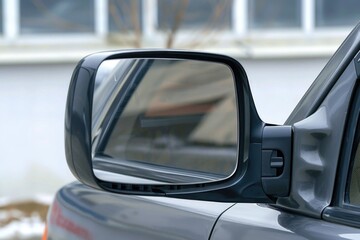 Wall Mural - a close-up shot of a car's side view mirror, providing a clear view of the road behind