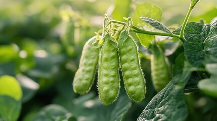 Wall Mural - Close-up image of fresh pea pods hanging on a pea plant in a vibrant green garden setting, highlighting the natural texture and vivid color of the vegetables