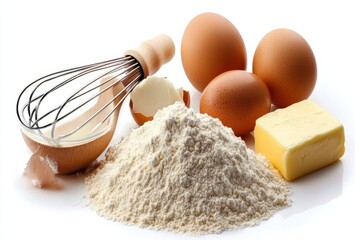 Poster - Flour, eggs, a whisk, and butter are neatly arranged on a white surface, ideal for highlighting baking activities and recipes. Generative AI