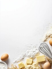 Poster - Flour, eggs, a whisk, and butter are artfully arranged on a clean white background, leaving room for recipes or notes on the right. Generative AI