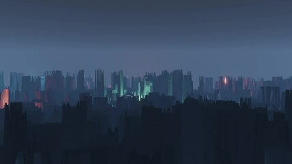 Poster - abstract modern city colorful silhouette with fog. side panning shot, buildings background